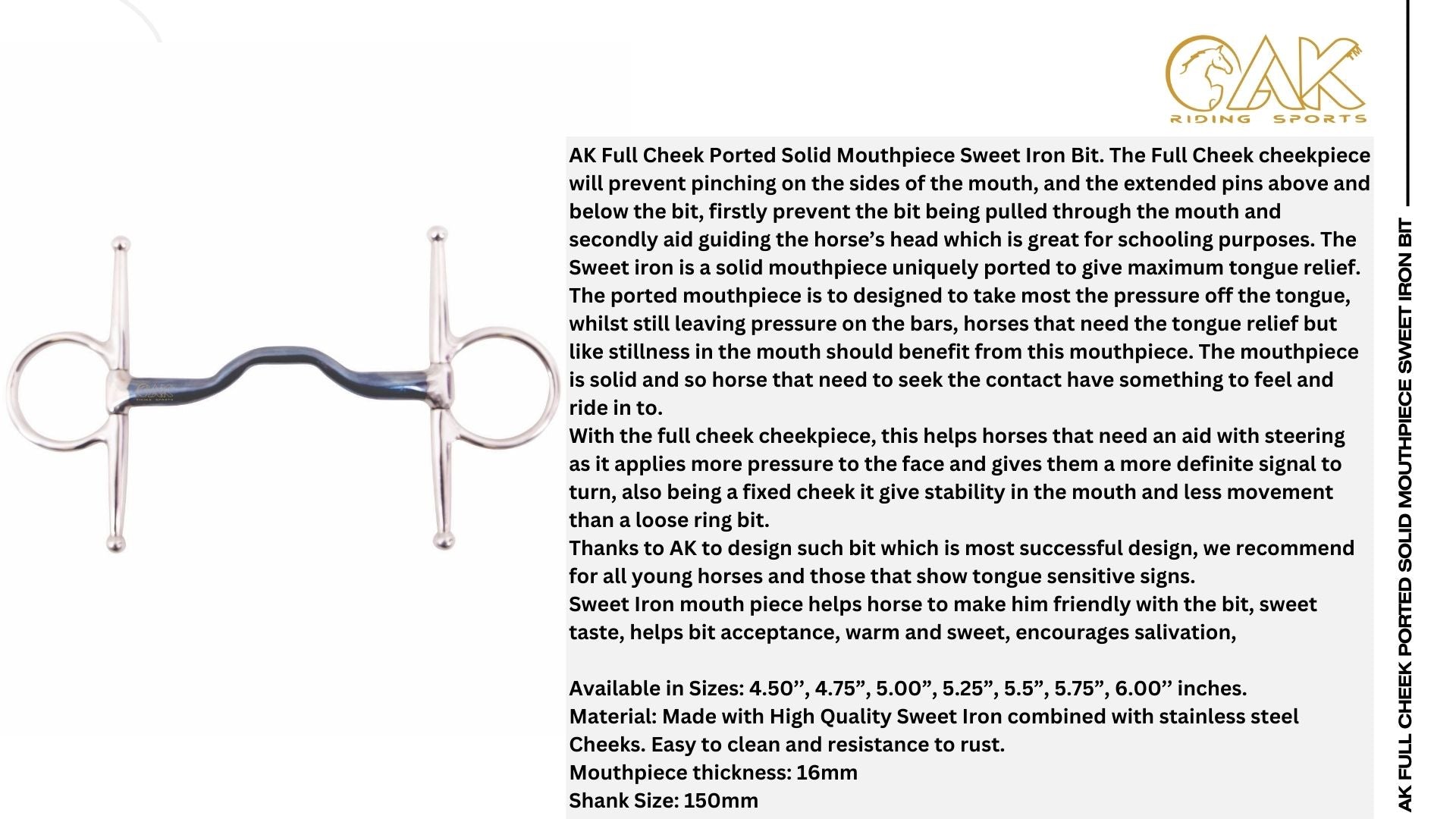 AK Blue Silver Full Cheek Ported Solid Mouthpiece Sweet Iron Horse Bit