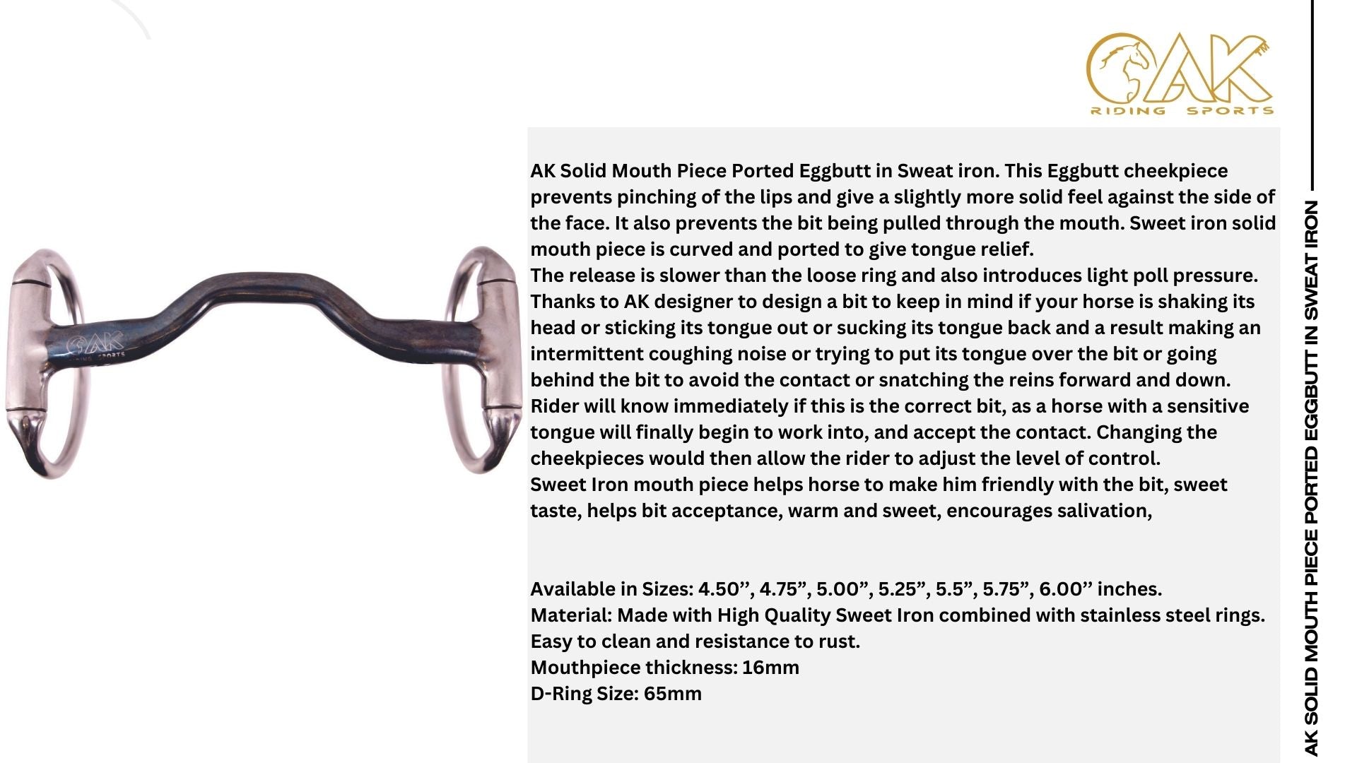 AK Solid Mouth Piece Ported Eggbutt in Sweat iron Horse Bit