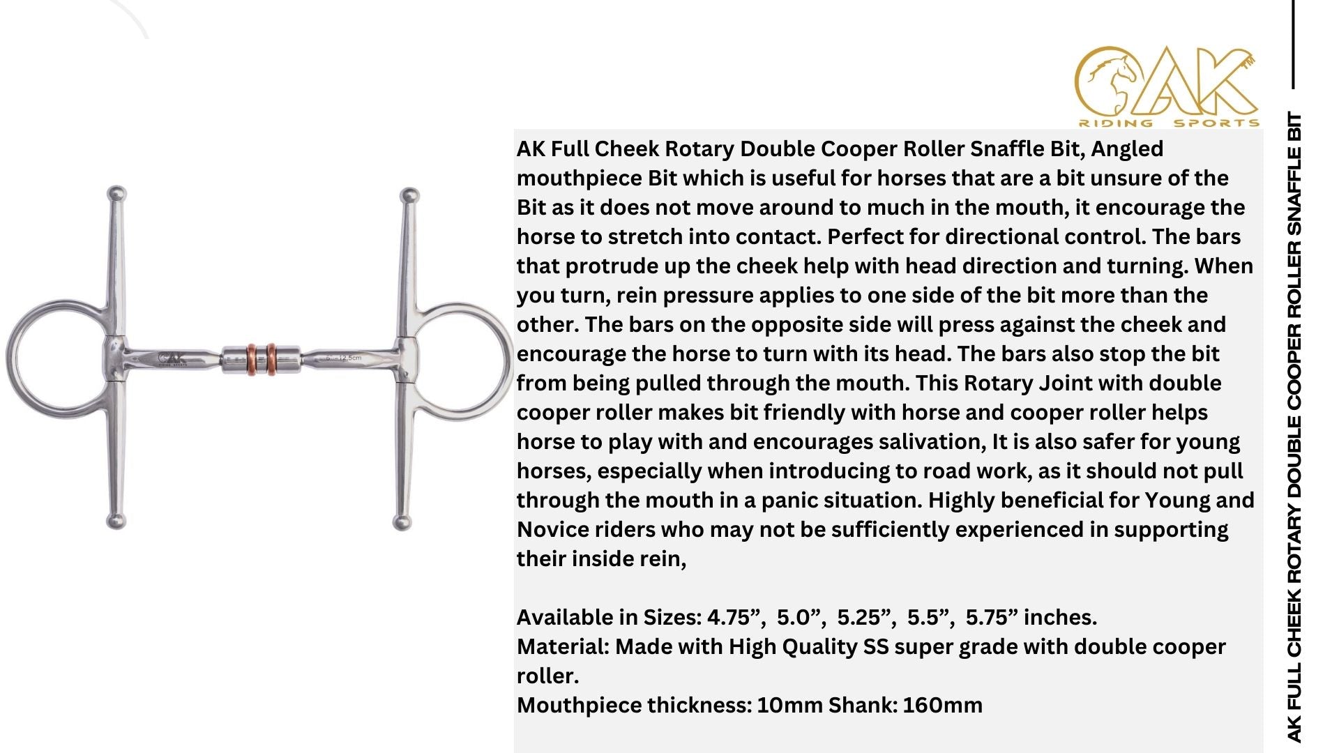 AK Full Cheek Rotary Double Cooper Roller Snaffle Bit