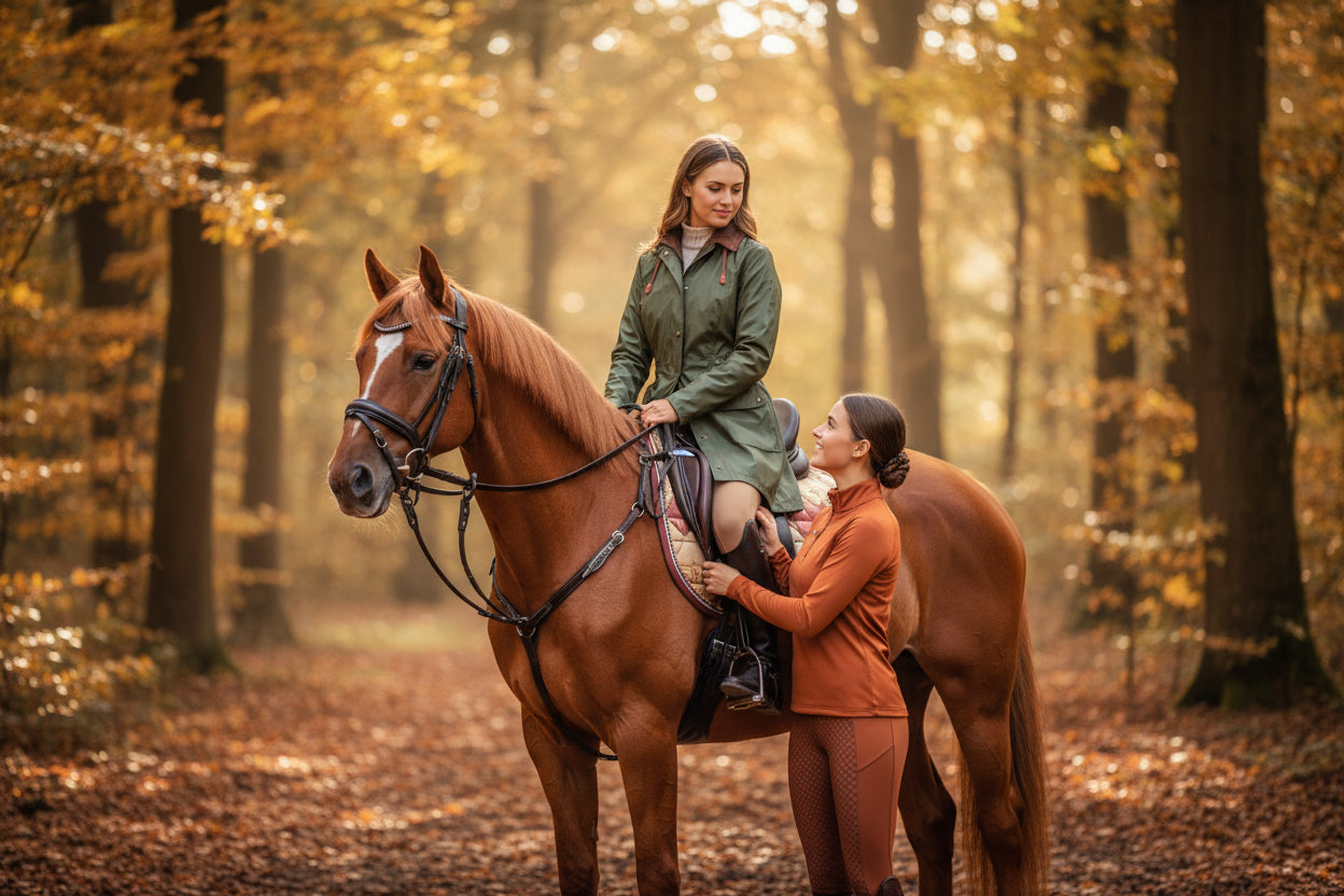 A stylish autumn equestrian scene for a website banner. A young woman wearing an olive green raincoat sits confidently on a well-groomed horse with proper tack — head collar, bit, bridle, and saddle pad. Another girl stands nearby wearing a base layer top and matching riding leggings, adjusting the reins or watching with a smile. The background features a soft autumn landscape with golden leaves, warm tones, and gentle natural light. The overall mood is elegant, cozy, and outdoorsy, perfect for a premium eq